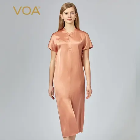 VOA春季40姆米双面缎桑蚕丝橙色圆领民国风短袖袖修身真丝连衣裙图片