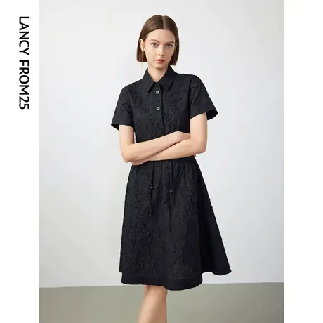 朗姿纯棉法式浮雕肌理高级感收腰小黑裙2024年春季新款气质连衣裙图片