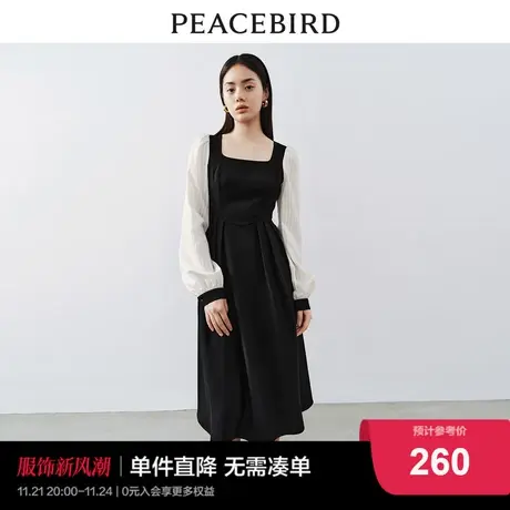 太平鸟 2024春季新款法式气质方领连衣裙收腰长袖裙子女士图片
