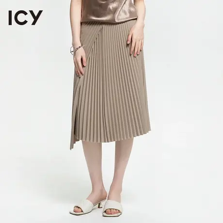 icy2023夏季新款女装小众设计感纯色围裹过膝不对称百褶半身裙商品大图