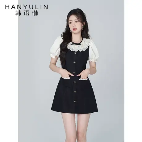 韩语琳黑色连衣裙女短款2023年夏季新款高级感今年流行的A字裙子图片