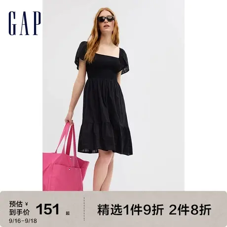 Gap女装夏季2023新款纯棉修身方领法式短袖连衣裙559406气质长裙图片