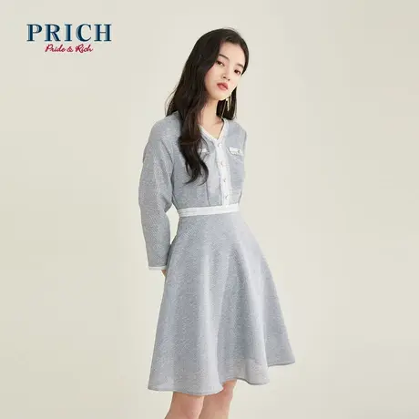 PRICH连衣裙V领单排扣长袖收腰显瘦小香风经典设计感裙子女图片