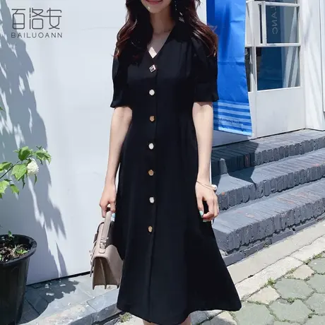 百洛安V领短袖黑色短袖连衣裙女夏季新款韩版显瘦单排扣中长A字裙图片