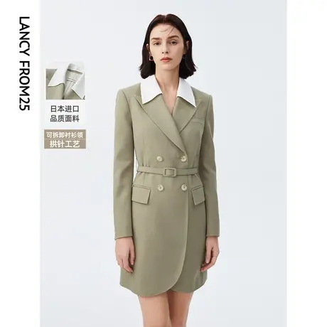 朗姿高级感绿色拼接设计感西装连衣裙通勤职业商务春装新款图片