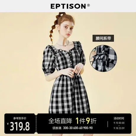 EPTISON连衣裙女2023新款夏季复古格子短裙方领显瘦泡泡袖裙子图片