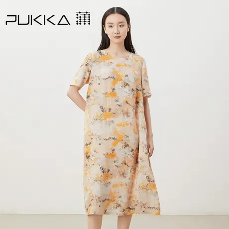 蒲PUKKA 女装2023夏装新品亚麻文艺复古定制印花显瘦短袖连衣裙图片