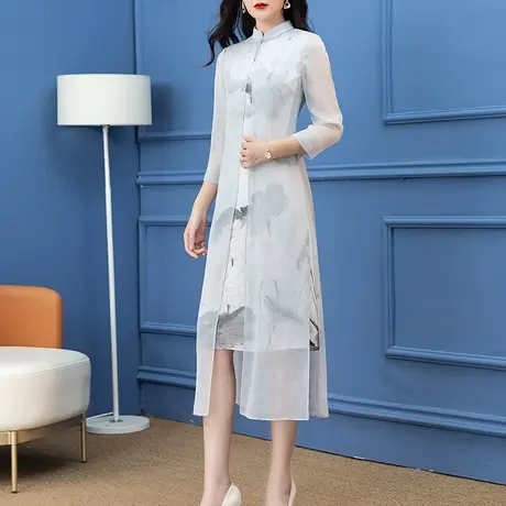 首尚格释雪纺假两件连衣裙2023夏季新款女修身显瘦立领中国风裙子图片