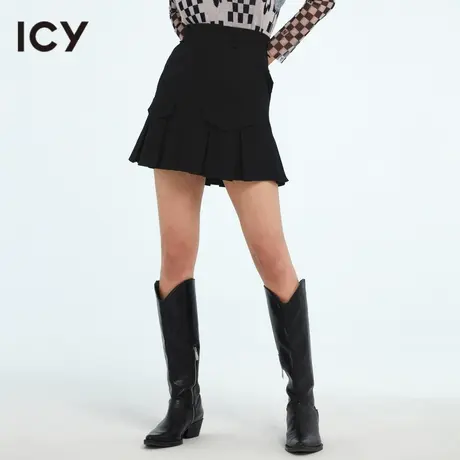 icy女装新款时尚甜美通勤风压褶假口袋女黑色半身裙休闲短裙图片