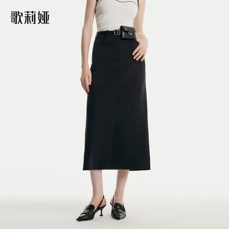 歌莉娅空气层黑色半裙女秋新款时尚通勤裙子配皮带腰包1B8J2D120商品大图
