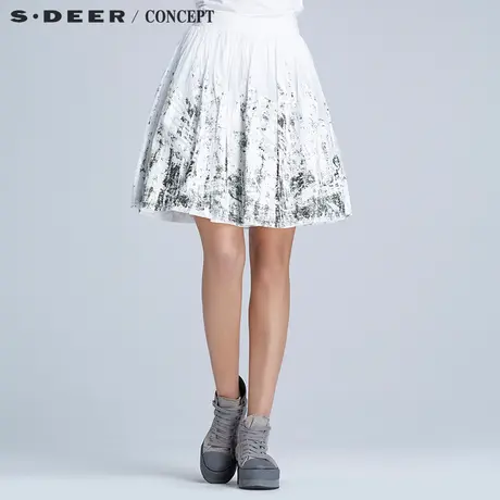 sdeer圣迪奥夏柔白清新斑驳印花半身短裙S16281331商品大图