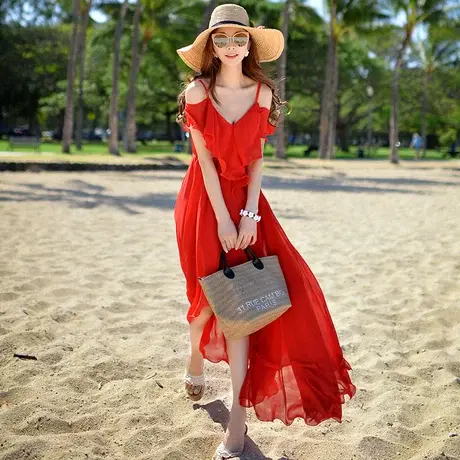 粉红大布娃娃红色雪纺吊带女2022新款夏季海边度假长款仙女连衣裙图片