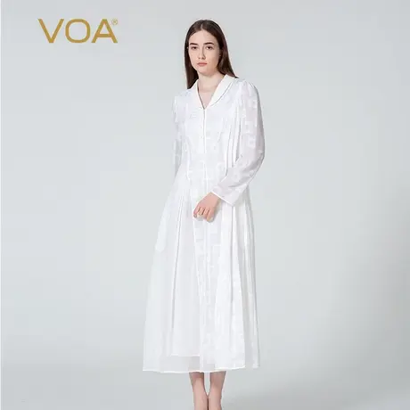 VOA真丝提花玉白色翻领塔克褶装饰不对称乔其拼接清新甜美长袖裙图片