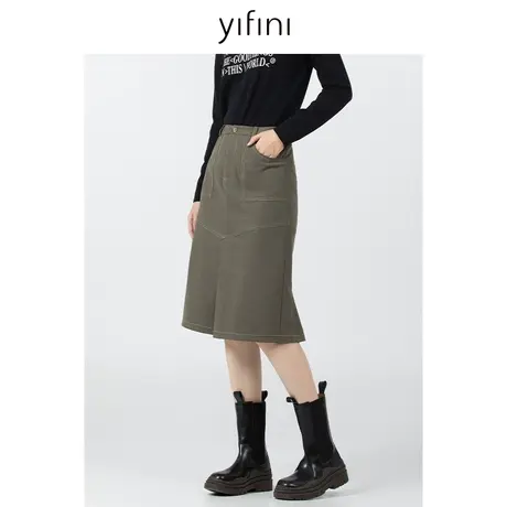 Yifini/易菲H型明线装饰口袋半身裙女2023秋季新款中长款通勤半裙图片