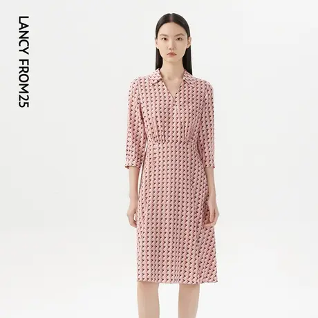 【真丝】LANCY/朗姿女装夏季新款粉色几何复古印花连衣裙子女图片