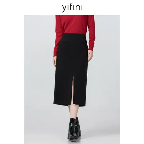 Yifini/易菲H直筒型高腰半身裙女2023秋季新款中长款开叉气质半裙图片