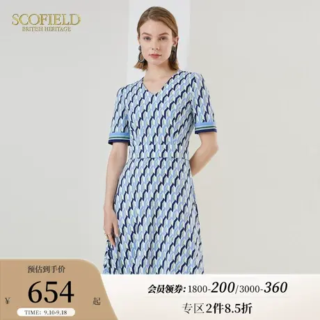 Scofield女装欧美流行蓝色时尚领几何印花气质短袖连衣裙商场同款图片