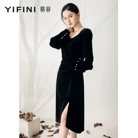 Yifini/易菲韩国绒丝绒长袖质感气质连衣裙春秋新款中长款裙图片