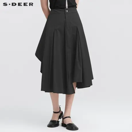 sdeer圣迪奥女装复古暗褶不规则黑色A字长裙S22181116图片