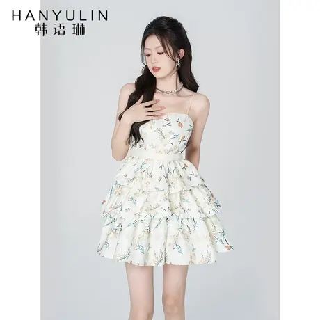 韩语琳白色碎花吊带连衣裙女夏季2023年新款设计感小众显瘦短裙子图片