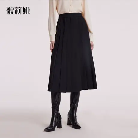 歌莉娅冬季新品气质通勤黑色压褶半裙时尚中高腰半截裙1BCC2B050图片