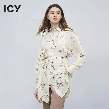 icy女装设计新款衬衫领印花腰部系带长袖优雅轻盈感中长款连衣裙图片