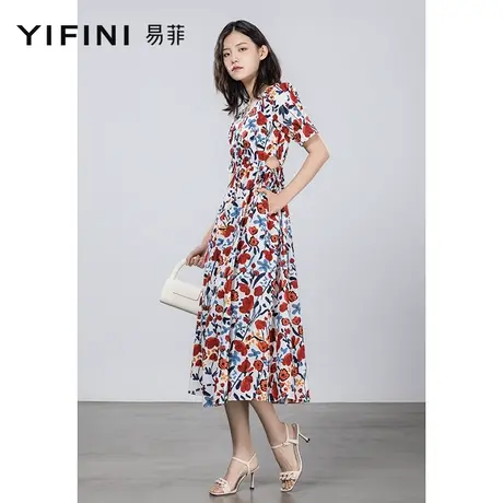 Yifini/易菲短袖大方领复古气质连衣裙女夏季新款印花中长款图片