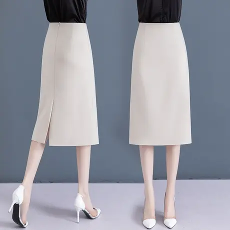 米白色半身裙女夏季2023年新款高腰a字包臀裙中长款开叉一步长裙商品大图