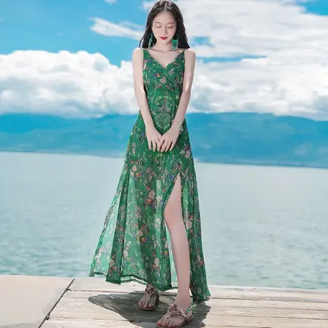 2021夏季女装新品v领无袖吊带雪纺长裙连衣裙波西米亚沙滩裙显瘦商品大图