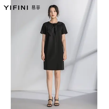 Yifini/易菲直筒黑色短袖连衣裙女夏季新款优雅气质连衣裙图片