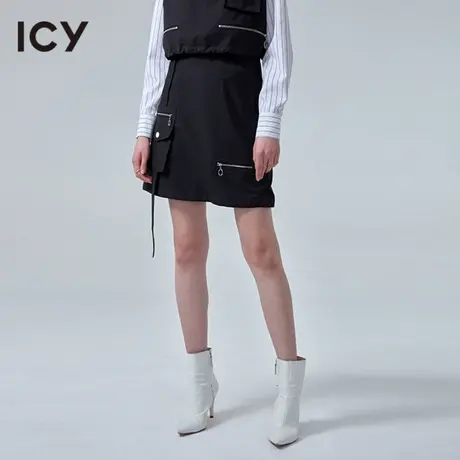 icy女装设计时尚工装机能风潮酷纯色拉链飘带小A字包臀半身裙图片
