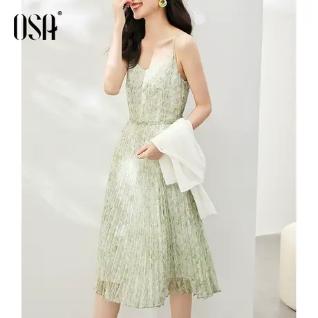 OSA欧莎绿色雪纺内搭吊带连衣裙女夏季薄款度假风气质V领百褶裙子图片