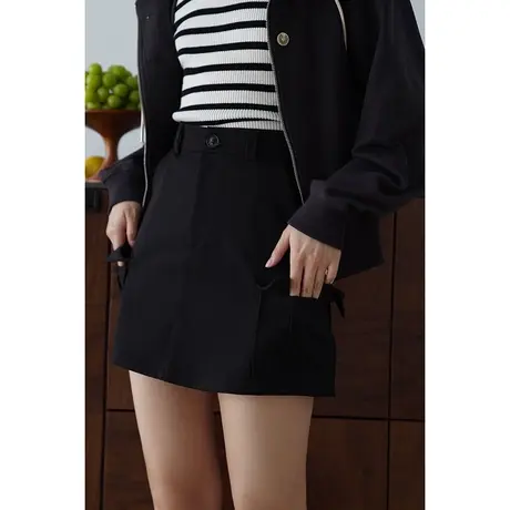 嘉茱莉2023秋季新款时髦复古半裙A字高腰裙短款显瘦半身裙黑色图片