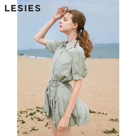 LESIES蓝色倾情夏季新款女装格子衬衫领百褶系带OL短袖气质连衣裙图片
