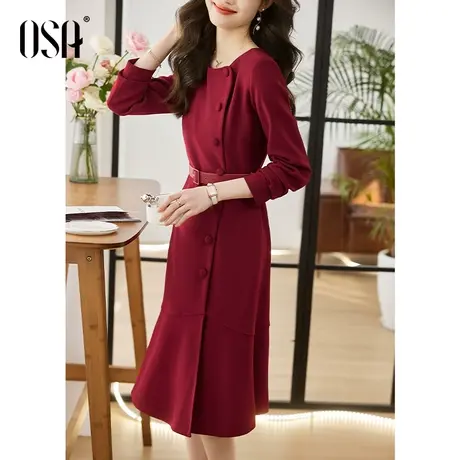 OSA欧莎红色法式鱼尾连衣裙春装女2023年新款茶歇显瘦中长款裙子图片