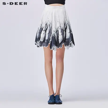 sdeer圣迪奥秋装抽象形态水墨印花不规则花边短裙半身裙S17181311图片