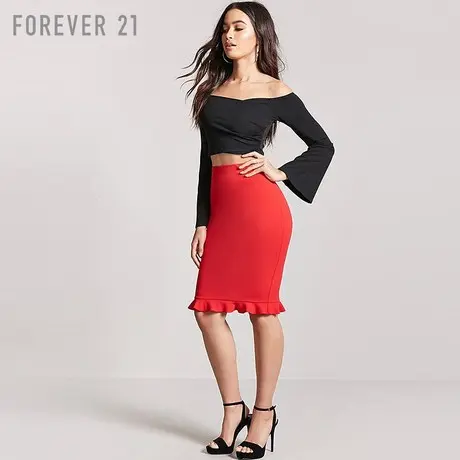 Forever21夏装2018新款修身开叉荷叶边半身中裙女图片