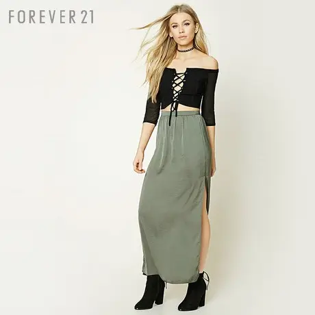 Forever21 半身裙女中长款时尚褶皱绸缎侧边高开叉设计半身长裙图片