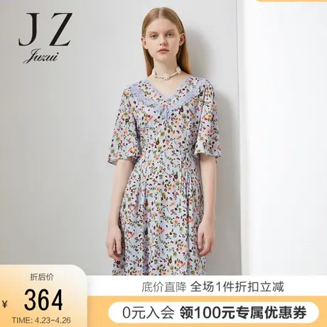 JUZUI/玖姿奥莱女装2021春新款V领蕾丝条带珍珠钉扣女碎花连衣裙商品大图