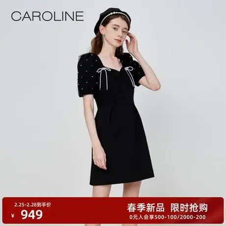 CAROLINE卡洛琳2022春季新款显瘦法式方领蝴蝶结烫钻小黑裙连衣裙商品大图